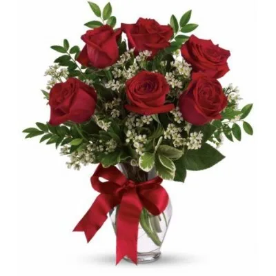 Un florero clasico con 6 rosas rojas